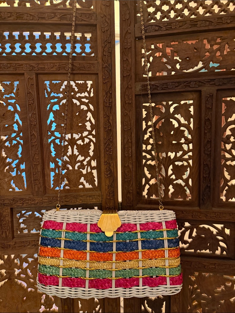 Vintage rainbow colored wicker purse